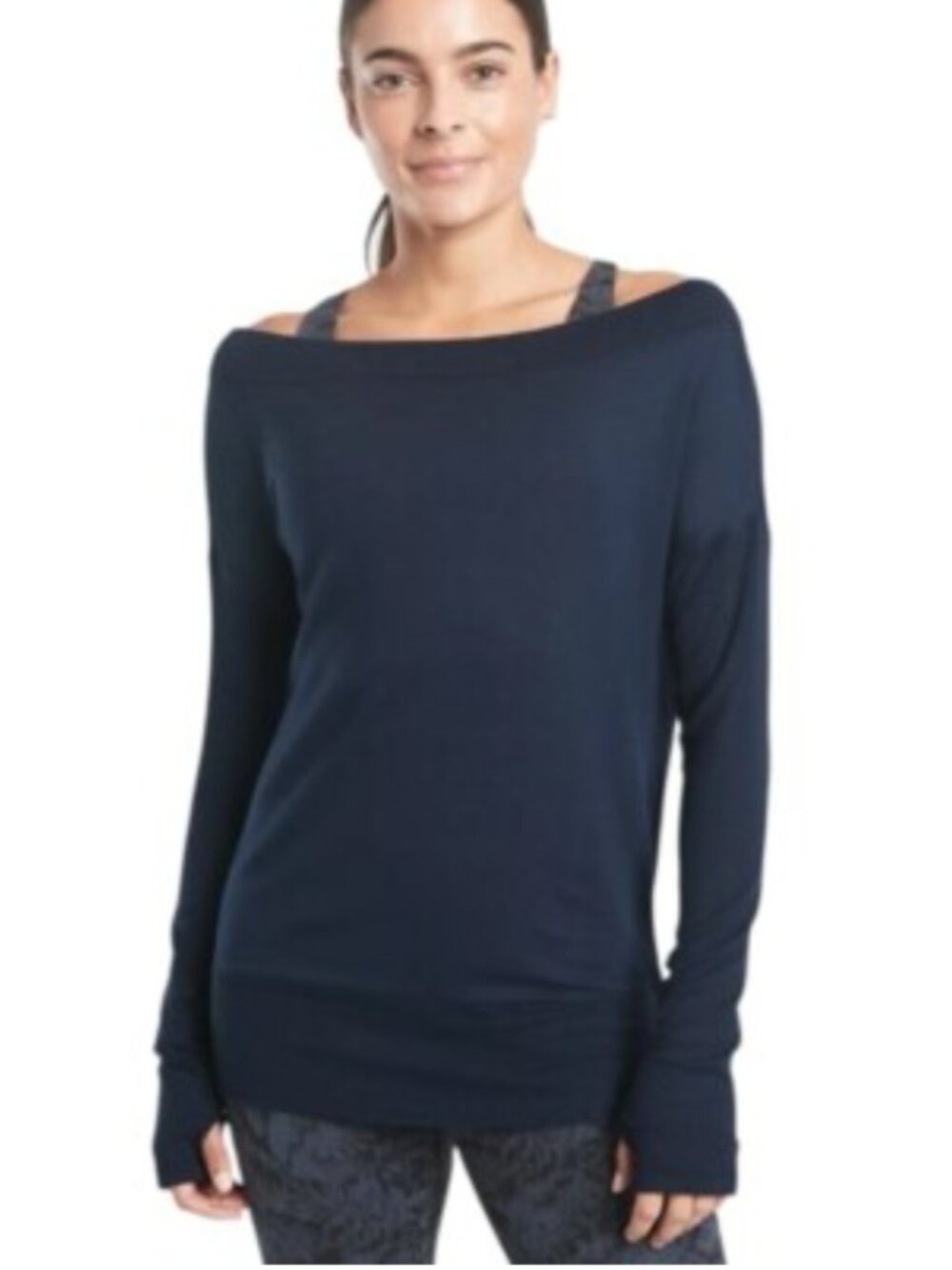 Athleta Studio Barre Cold Shoulder Modal Top Navy L - Picture 6 of 7